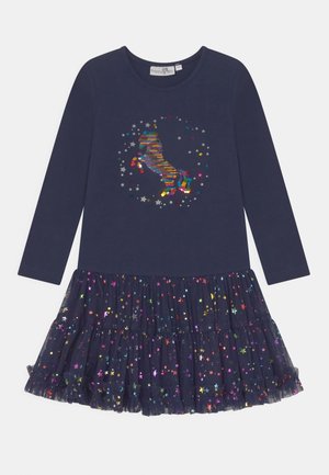 Marineblaues langärmeliges Kleid mit mehrfarbigem Pailletten-Einhorn und verstreuten Sternenprints auf der Tüllrocklage.