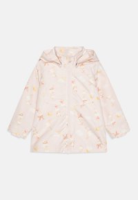 Veste imperméable rose clair avec un motif de lapin et de soleil, dotée d'une capuche, d'un zip sur le devant et de poignets élastiques. Texture lisse, design léger.