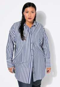 Camicia a maniche lunghe a righe verticali blu e bianche con tasche sul petto e orlo arrotondato. Il tessuto sembra leggero e con una texture.