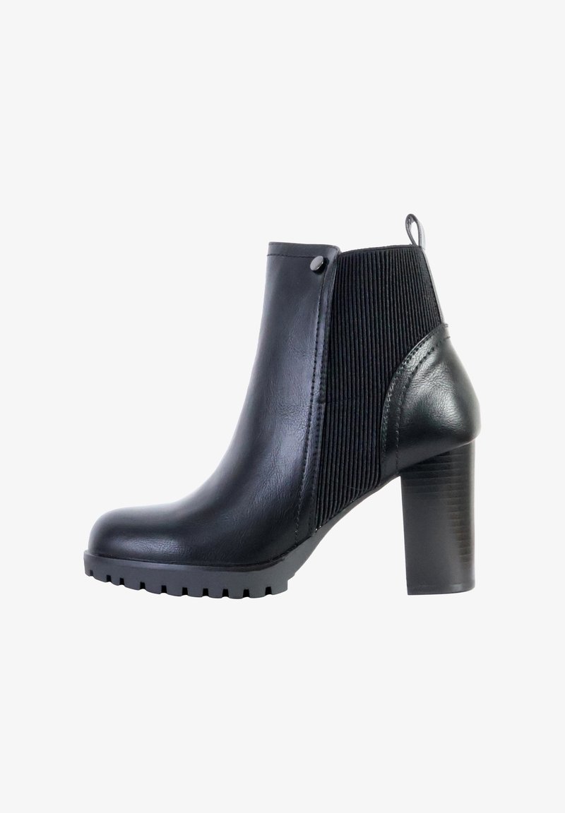 Black ankle boot with a smooth leather finish, ribbed textile side panels, and a chunky high heel. Features a pull tab at the back.