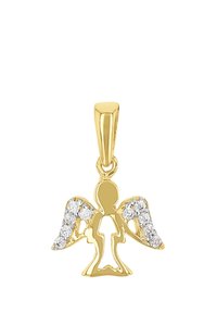 Ciondolo d'angelo in oro con accenti di pietre chiare scintillanti sulle ali, design intagliato intricato, finitura liscia e un gancio per l'attacco.