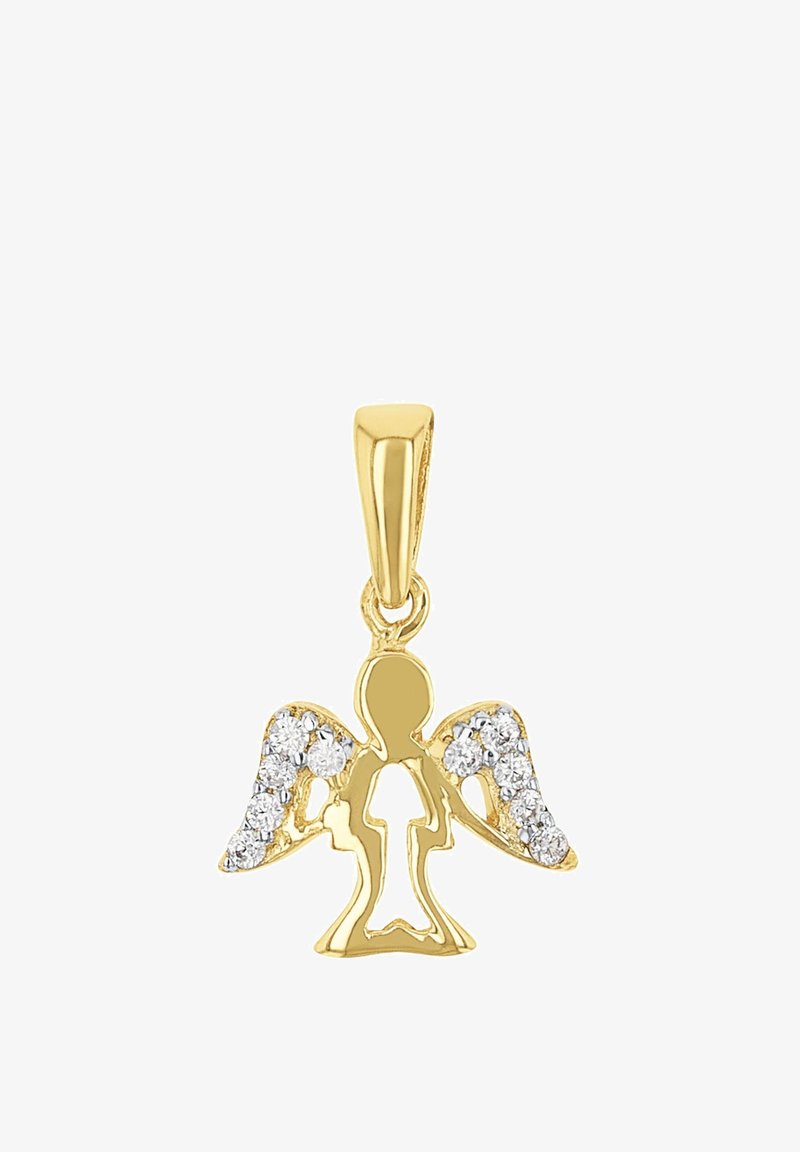 Ciondolo d'angelo in oro con accenti di pietre chiare scintillanti sulle ali, design intagliato intricato, finitura liscia e un gancio per l'attacco.