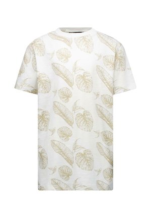 Korte mouwen t-shirt van witte katoen, met een lichtbeige bladmotief, ronde halslijn en een losse pasvorm.