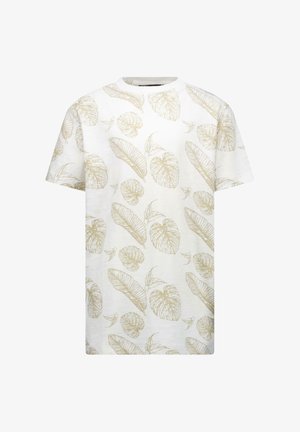 Korte mouwen t-shirt van witte katoen, met een lichtbeige bladmotief, ronde halslijn en een losse pasvorm.