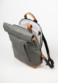 Gray roll-top backpack with leather accents, featuring a zippered front pocket, mesh interior, and adjustable straps for comfortable carry.
