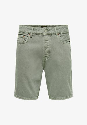 Pantaloncini di jeans verde chiaro con bottone frontale, cerniera, passanti per cintura e design a cinque tasche.