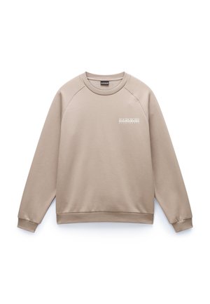 Beige sweatshirt gemaakt van zachte stof, met raglanmouwen, een ronde halslijn en een klein, wit logo op de voorkant.