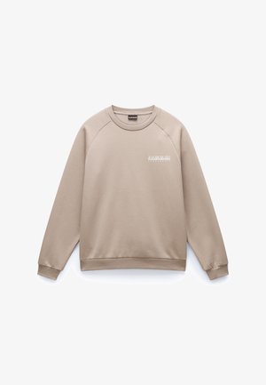 Beige sweatshirt lavet af blødt stof, med raglanærmer, rund halsudskæring og et lille, hvidt logo på forsiden.