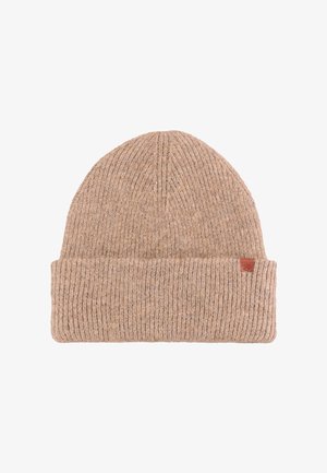 Strickmütze aus beige-farbenem Wollmischgewebe, mit geripptem Muster, umgeschlagener Krempe und kleinem Leder-Logoschild. Leichtes, anliegendes Design.