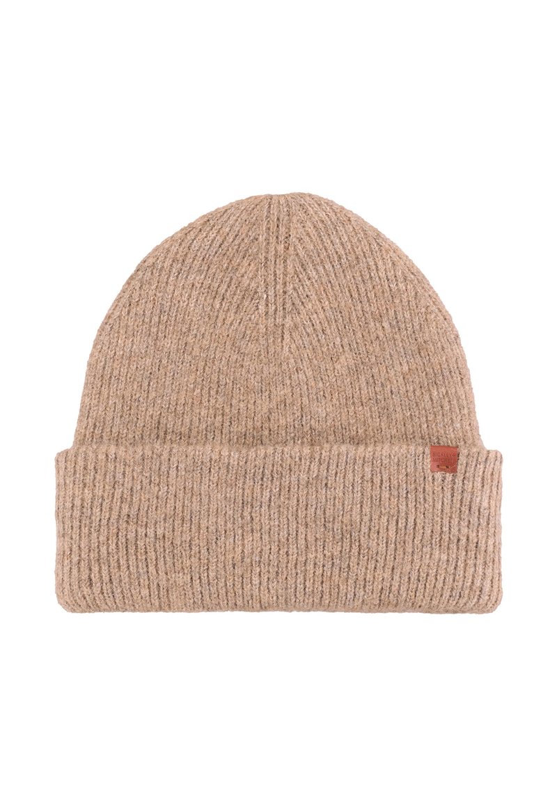 Beżowa dzianinowa czapka z mieszanki wełny, o prążkowanej fakturze, z podwójnym mankietem i małą skórzaną metką z logo. Lekka i dopasowana konstrukcja.