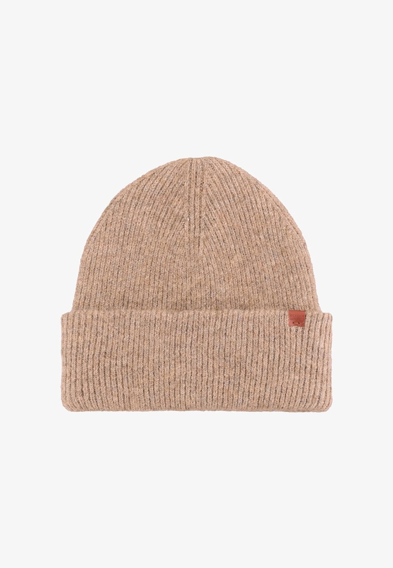 Beżowa dzianinowa czapka z mieszanki wełny, o prążkowanej fakturze, z podwójnym mankietem i małą skórzaną metką z logo. Lekka i dopasowana konstrukcja.