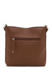 Brown leather crossbody bag with a textured finish, featuring a zippered pocket on the front and braided accents along the side.