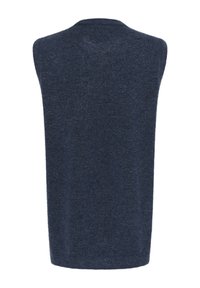Gilet pull tricoté sans manches bleu foncé, vu de dos avec un col rond et un ourlet droit.