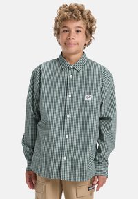 Groen en witte geruite overhemd met lange mouwen en een button-down kraag, voorzien van een borstzak en witte knopen. Katoenen stoftextuur.