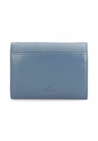 Blue leather wallet with a smooth texture, featuring RFID-blocking technology, a simple design, and stitched edges.