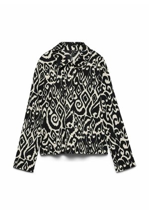 Sort og hvid skjortejakke med lange ærmer og knapper, med abstrakte geometriske mønstre og slyngede motiver, der har en krave og en lige kant forneden.