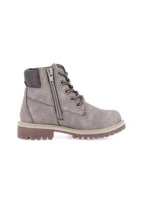 Stivaletto alla caviglia in suede grigio con punta rotonda, lacci davanti, zip laterale e suola in gomma. Presenta un tacco scuro a contrasto.