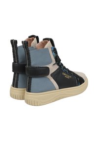 High-top sneakers featuring a mix of blue, black, and beige materials, textured accents, and a rubber sole with a textured grip.