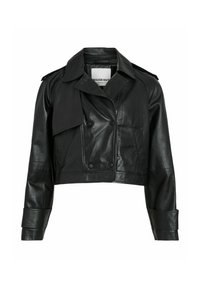 Apskirpta juoda odinė striukė su dvigubais mygtukais, plačiais iškirptomis apykaklėmis ir pečių epauletais. Yra dvi priekinės kišenės ir rankogaliai.