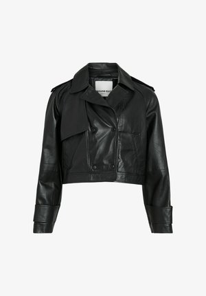 Cropped black leather jacket with double-breasted buttons, wide notched collar, and shoulder epaulets. Features two front pockets and cuffed sleeves.