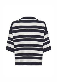 Kurzärmeliger Pullover mit marineblauen und weißen Streifen, kastiges Design, weiter Ausschnitt, weiche Textur, gerippter Saum, mit abwechselnden horizontalen Streifen.