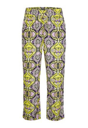 Geprinte broeken met een levendig ontwerp in geel, paars en zwart, met bloemen- en paisleymotieven. Gemaakt van lichtgewicht stof, ontspannen pasvorm.