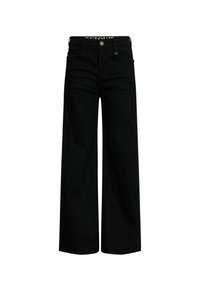 Jeans neri a gamba larga con vita alta, cinque tasche e chiusura a bottone. Realizzati in denim con una consistenza liscia e dettagli di cucitura minimi.