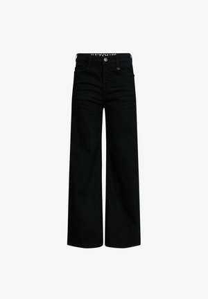 Schwarze, weit geschnittene Jeans mit hoher Taille, fünf Taschen und einem Knopfverschluss. Hergestellt aus Denim mit glatter Textur und minimalen Nähten.