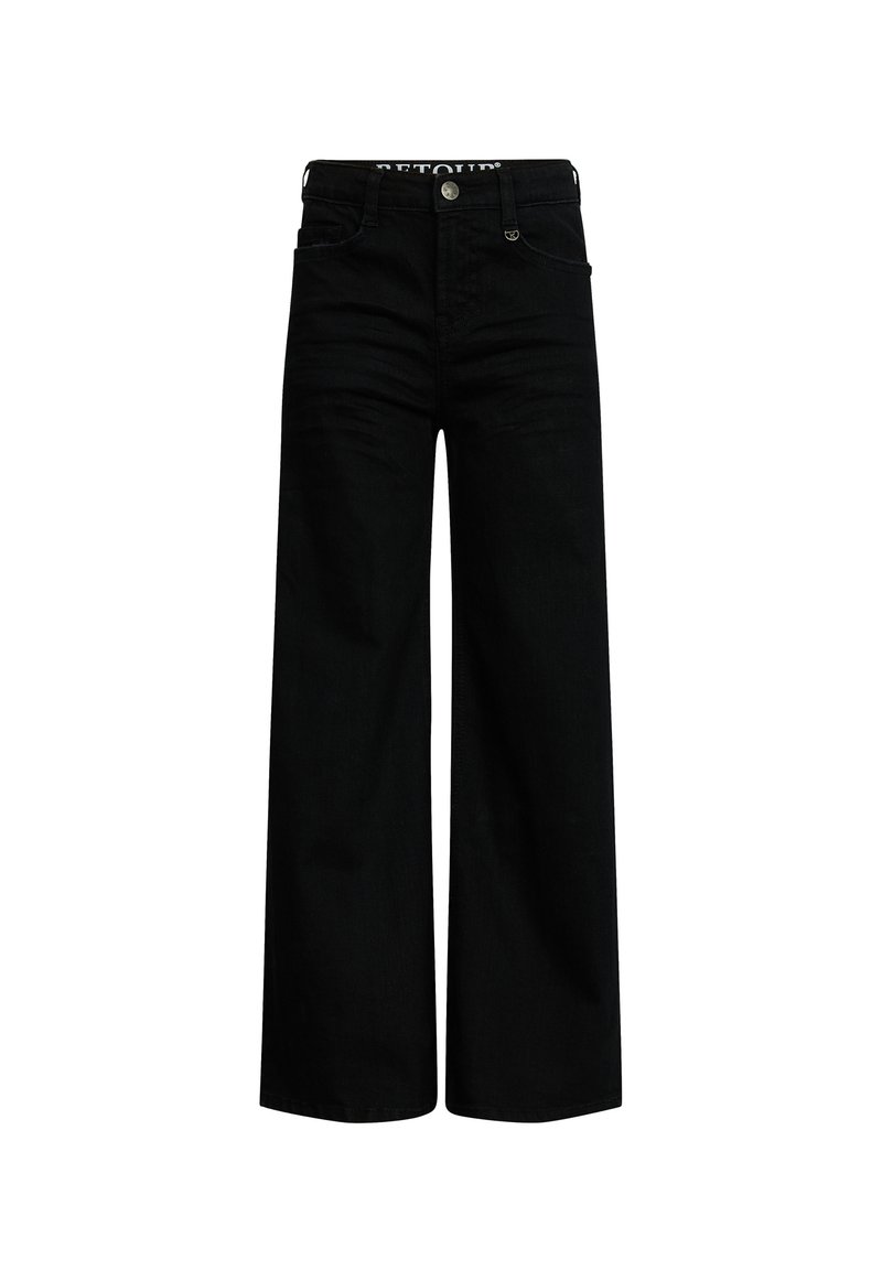 Jeans neri a gamba larga con vita alta, cinque tasche e chiusura a bottone. Realizzati in denim con una consistenza liscia e dettagli di cucitura minimi.
