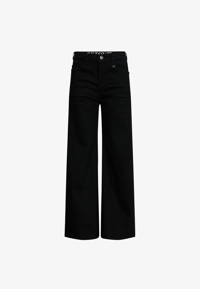 Schwarze, weit geschnittene Jeans mit hoher Taille, fünf Taschen und einem Knopfverschluss. Hergestellt aus Denim mit glatter Textur und minimalen Nähten.