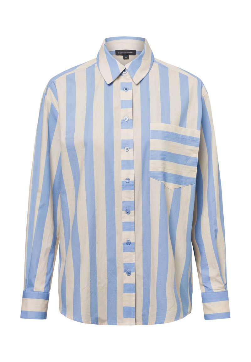 Light blue and beige striped button-up shirt, long sleeves, front pocket with horizontal stripes, cotton material, classic collar design.