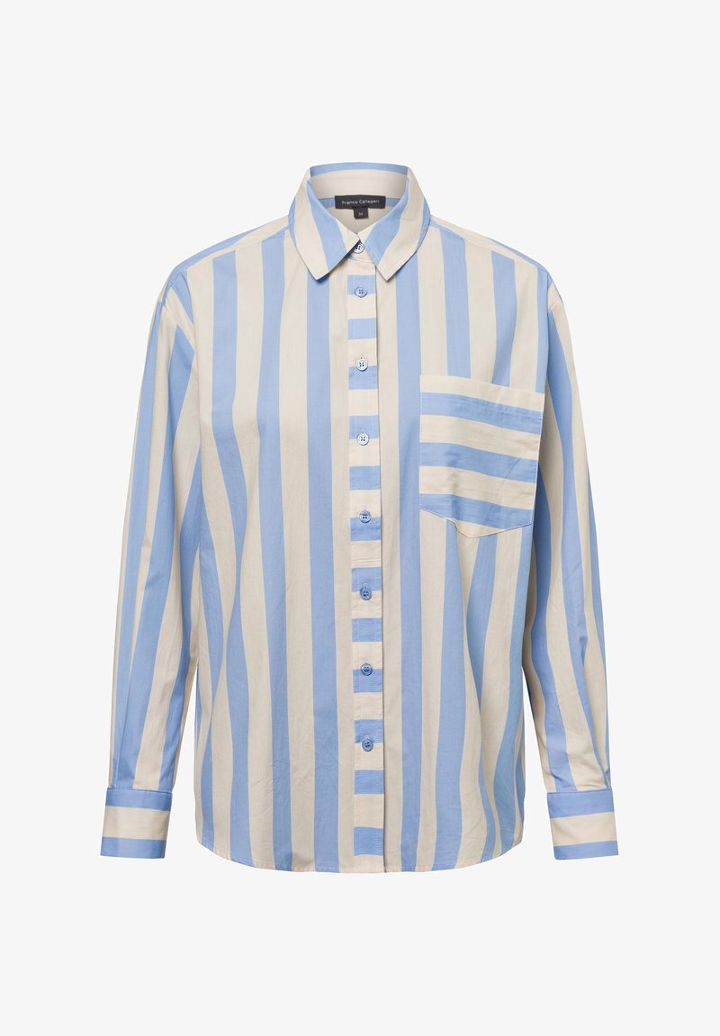 Light blue and beige striped button-up shirt, long sleeves, front pocket with horizontal stripes, cotton material, classic collar design.