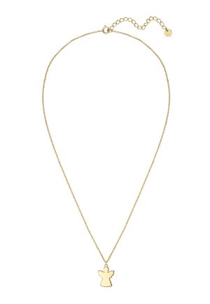 Guldkæde med et udskåret engel vedhæng. Vedhænget har en glat overflade og fine vinge detaljer, der tilføjer elegance.