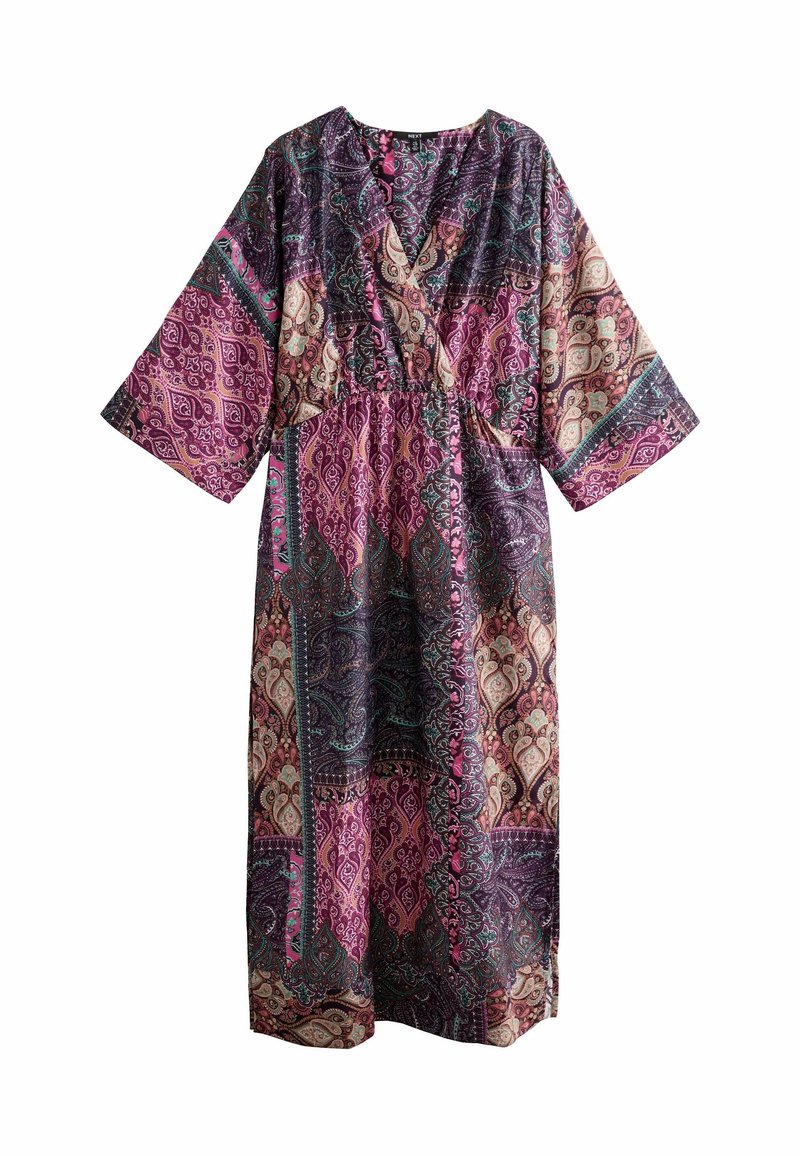 Robe longue à manches larges, col en V et taille élastique, avec un motif cachemire multicolore dans des tons violet, rose et crème.