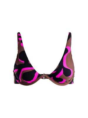 Soutien-gorge de bikini marron et noir avec des motifs abstraits roses, de forme triangulaire, avec de fines bretelles et un fermoir en métal au centre devant.