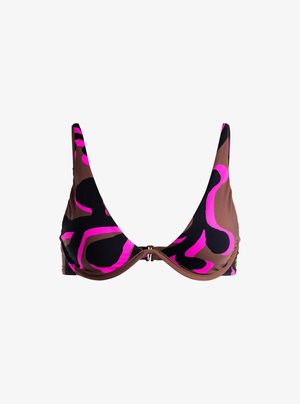 Bruine en zwarte bikini top met roze abstracte patronen, driehoekige vorm, dunne bandjes en een metalen sluiting aan de voorkant in het midden.