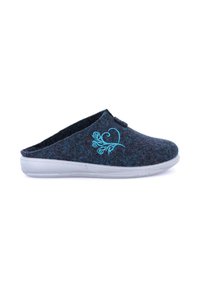 Pantofole slip-on in feltro di colore blu scuro con una superficie testurizzata, caratterizzate da un ricamo a spirale in aqua e una suola in gomma bianca e flessibile.