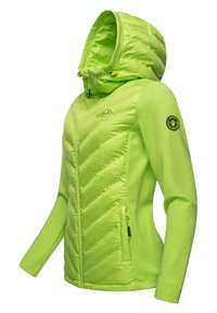 Lime green jacket with a hood, featuring a quilted front, smooth sleeves, zippered pockets, and a circular logo on the left sleeve.