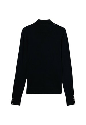 Maglione nero a collo alto in maglia con maniche lunghe, caratterizzato da dettagli in bottone ai polsini e una texture liscia.