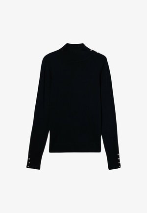 Schwarzer gestrickter Rollkragenpullover mit langen Ärmeln, der mit Knopfdetails an den Bündchen und einer glatten Textur versehen ist.