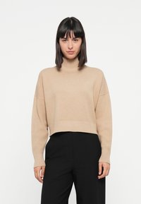 Pull en tricot épais couleur beige avec un col montant, des poignets côtelés et un ourlet court. Présente un minimalisme de la marque sur la poitrine. Assorti avec un pantalon noir.