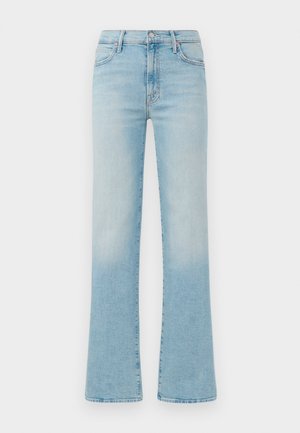 Light blue flared jeans made of denim, featuring a high waist, five-pocket design, and faded finish for a vintage effect.