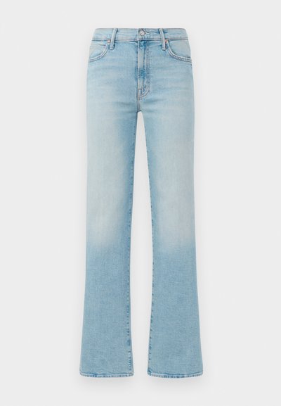 Svetlo modré rozšírené džínsy z denimu, so zvýšeným pásom, dizajnom s piatimi vreckami a vyblednutým povrchom pre vintage efekt.