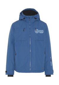 Blaue isolierte Jacke mit Kapuze, Reißverschluss vorne, zwei Brusttaschen und verstellbaren Bündchen. Mit Logodetail auf der oberen linken Seite.