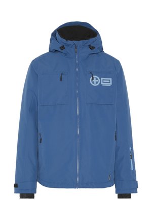 Blue insulated jacket with a hood, zippered front, two chest pockets, and adjustable cuffs. Features logo detailing on the upper left.
