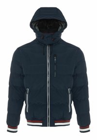 Navyblauer Puffy-Jacke mit Kapuze, ausgestattet mit einem Reißverschluss vorne, zwei Seitentaschen und gestreiften Akzenten an den Bündchen und dem Saum. Strukturiertes Gewebe.
