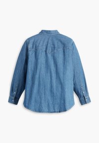 Blaues Denim-Hemd mit langen Ärmeln, Kragen, geknöpften Manschetten und einem Yoke-Design auf dem Rücken. Glatte Textur, lässige Passform und abgerundeter Saum.