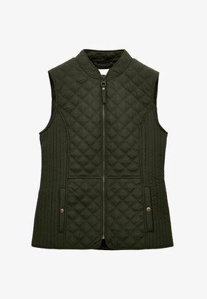 Dunkelgrüner ärmelloser gesteppter Weste mit frontalem Reißverschluss, Stehkragen, vertikalen Seitennähten und Druckknopf-Taschenklappen.