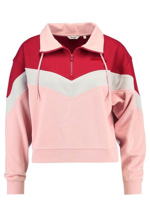 Bluza cropped z długim rękawem i suwakiem do ćwiartki, kołnierz z sznurkiem, kolorowe panele w czerwonym, białym i różowym, logo Wrangler na piersi.