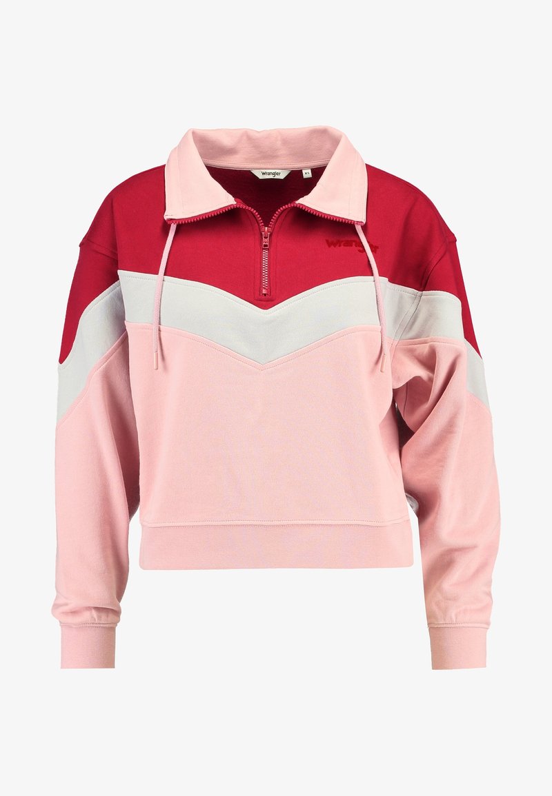 Sweat-shirt court à manches longues avec zip au quart, col à cordon, blocs de couleur rouge, blanc et rose, logo Wrangler sur la poitrine.